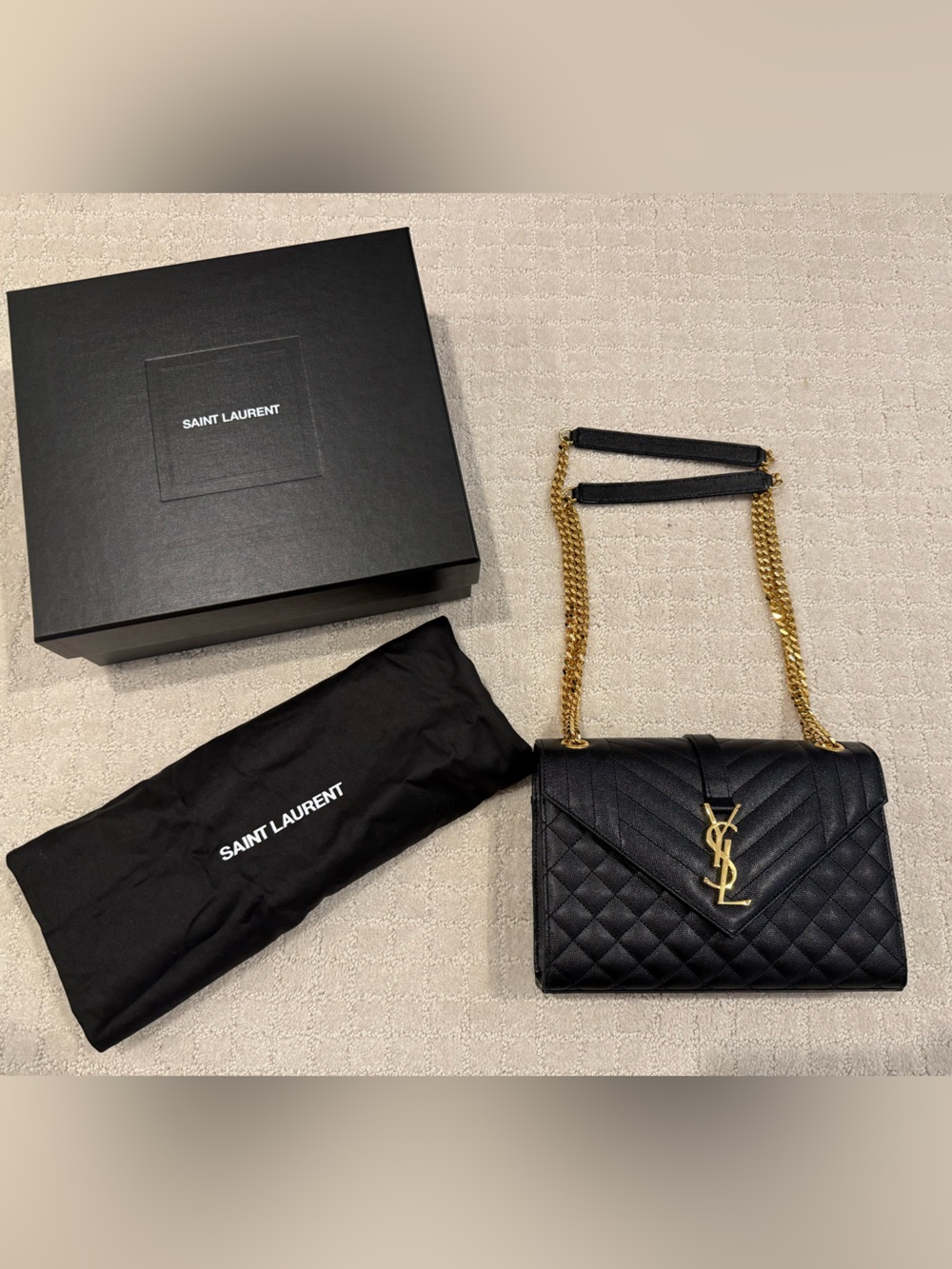 Saint Laurent Medium Envelope Triquilt Grain de Poudre Leather Shoulder Bag
